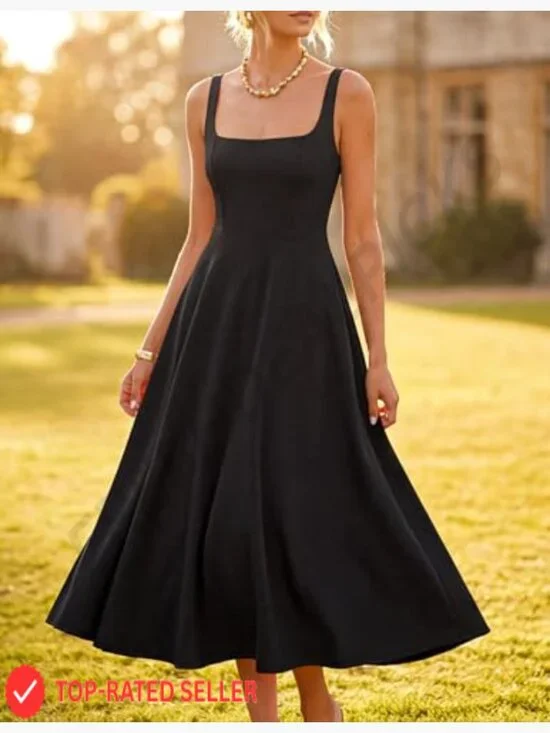 Sleeveless Midi Dress Square Neck Flowy Casual Wedding Guest Beach Elegant - Picture 6 of 7